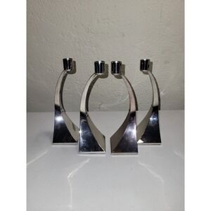 Vintage Chrome Candlestick Danish Modern Curved Metal MCM Set Of Four